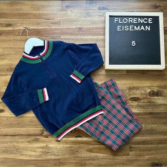 Florence Eiseman Navy Green Red Half Zip Sweater & Tartan Plaid Pants Set Boys 5 - Picture 1 of 12